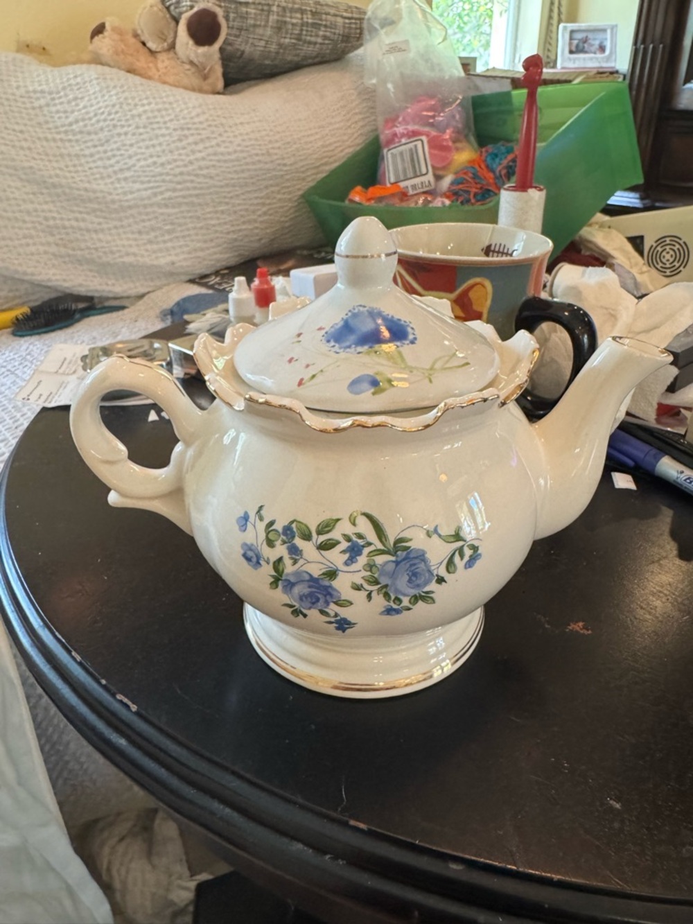 Vintage Floral Ceramic Teapot with Blue Rose Motif